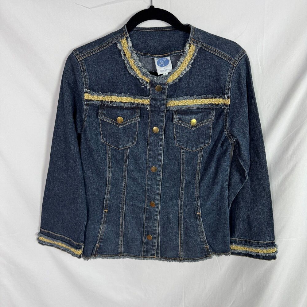 DG2 by Diane Gilman Women's Denim Jacket Size Small Blue w/Gold Trim
